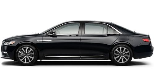 Side profile view of a sleek, black luxury sedan with chrome accents and sporty design.